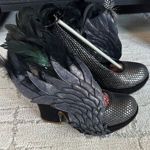 Irregular Choice Black and Silver Feathered Heels